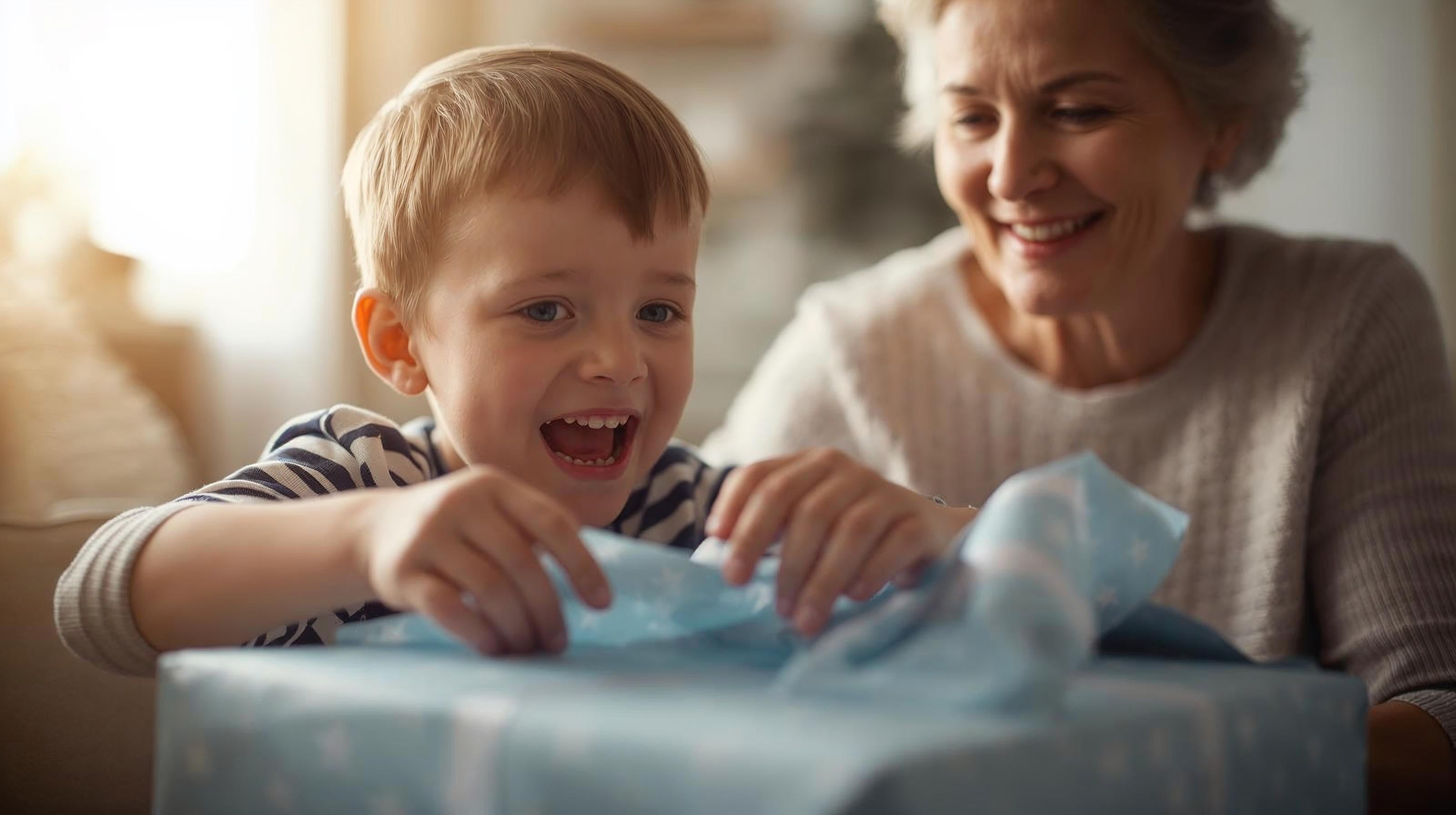 Child and woman opening a blue gift box together