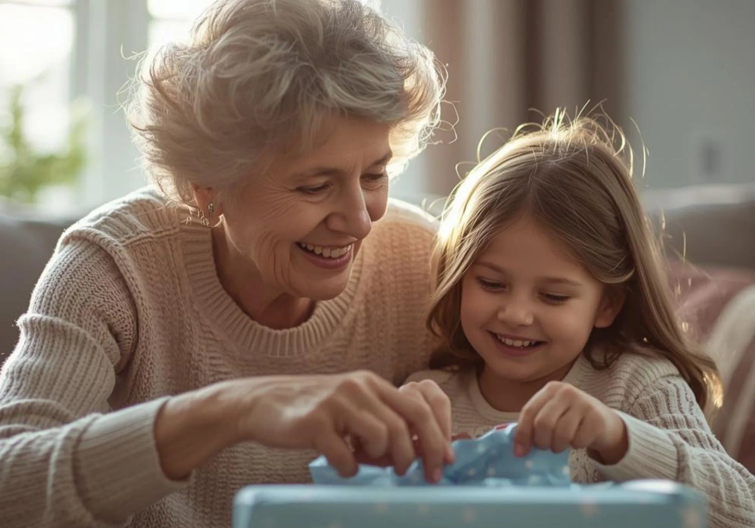 grandmother and child putting awards and medals in a my proud moment certificate case