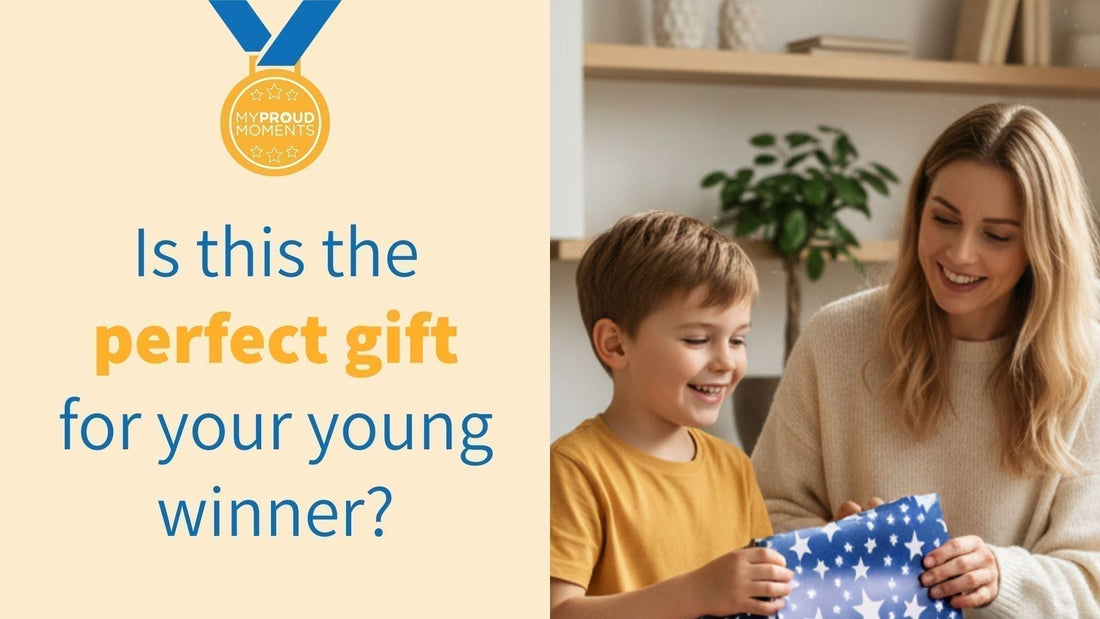 my proud moments awards organiser, young boy and parent opening a Christmas gift