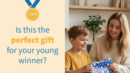 my proud moments awards organiser, young boy and parent opening a Christmas gift