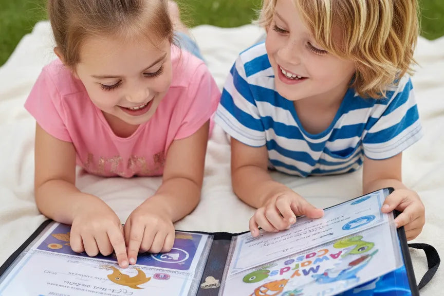 boy and girl looking at their my proud moments award case